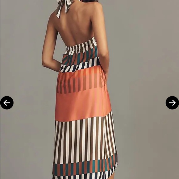 Hutch Asymmetrical Halter Stripe Dress in Coral, Teal & Brown - Picture 2 of 2
